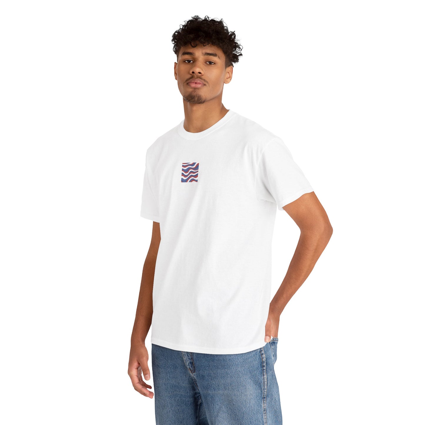 Wavy Flag Chest Tee — Minimalist Red White Blue Wave Graphic T-Shirt