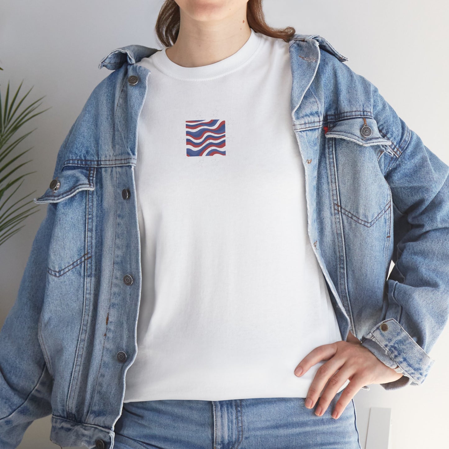 Wavy Flag Chest Tee — Minimalist Red White Blue Wave Graphic T-Shirt