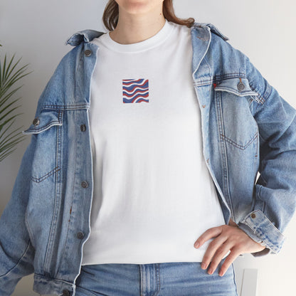 Wavy Flag Chest Tee — Minimalist Red White Blue Wave Graphic T-Shirt