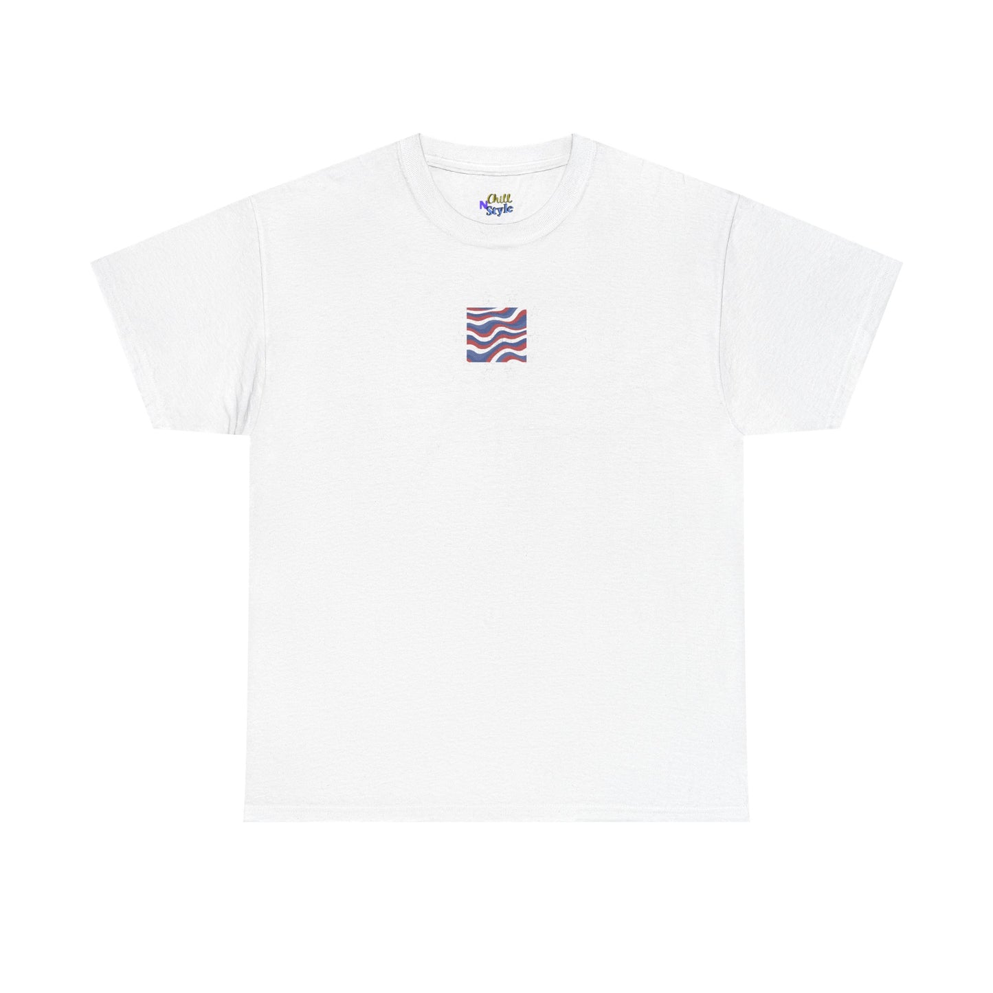Wavy Flag Chest Tee — Minimalist Red White Blue Wave Graphic T-Shirt