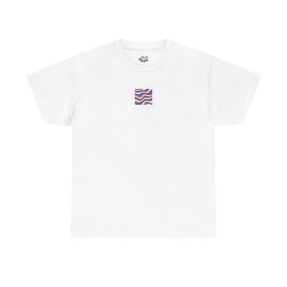 Wavy Flag Chest Tee — Minimalist Red White Blue Wave Graphic T-Shirt