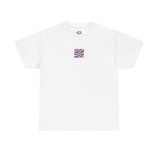 Wavy Flag Chest Tee — Minimalist Red White Blue Wave Graphic T-Shirt